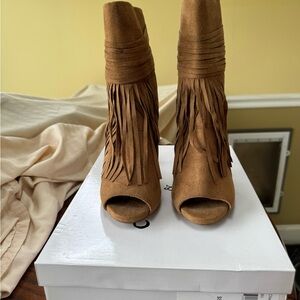 Camel Suede Fringed Open-toe Stiletto Boots